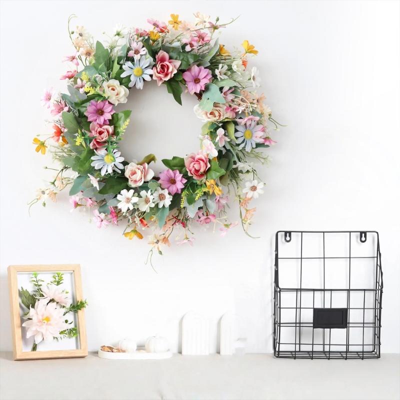 Corona de Flores Artificiales de Verano de 17.7 Pulgadas con Varios Tipos de Flores para Decoración de Puerta o Pared