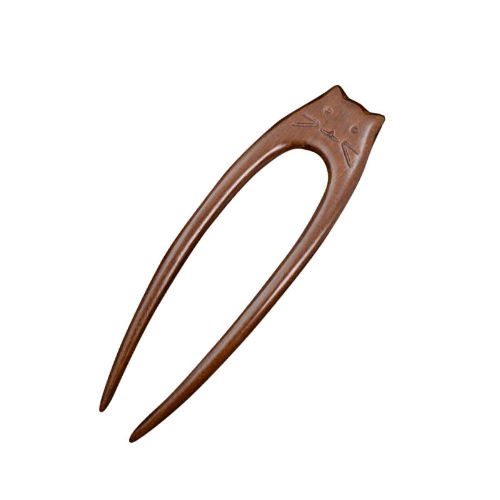 Wooden Cat Pattern Hair Sticks Chinese Style Hanfu Hairpin New U Shaped Hair Forks  Women Girls