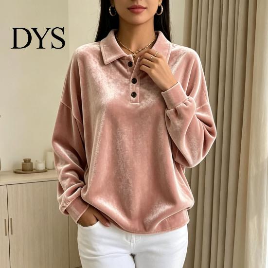 Lady Pullover Shirt Women Velvet Shirt, 3-Button Collared Casual Blouse, Solid Color Loose Long Sleeve Top for Daily Wear Work