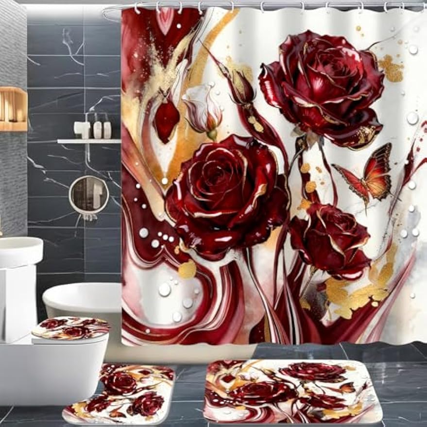 4Pcs Shower Curtain Set with Non-Slip Bath Mat, Toilet Lid Cover, Contour Rug & 12 Hooks, Bathroom