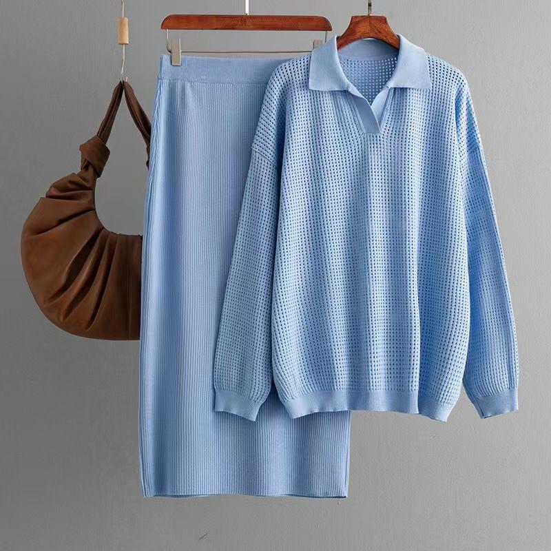 European and American Sexy Hollow Knitted Long sleeve Top Skirt sets Knitted Top and Skirt Set