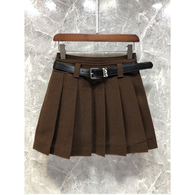 

Women s Classy High Waist Wool Pleated Skirt Skirt European Goods Fall and Winter 51u01 Curry(With belt) M