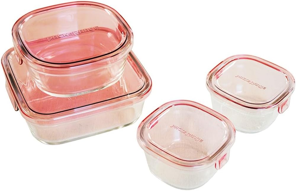 Iwaki Glas Förvaringsset med Förpackning Värmetåliga Behållare, Rosa, Fyrkantig, 4, & Mikrovågsugn, PS-PRN-4P1
