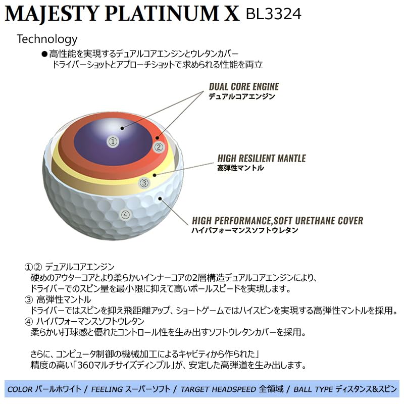 Majesty golf PLATINUM pearl 1 dozen 4-piece balls, X, BL3324, white, (12 balls)