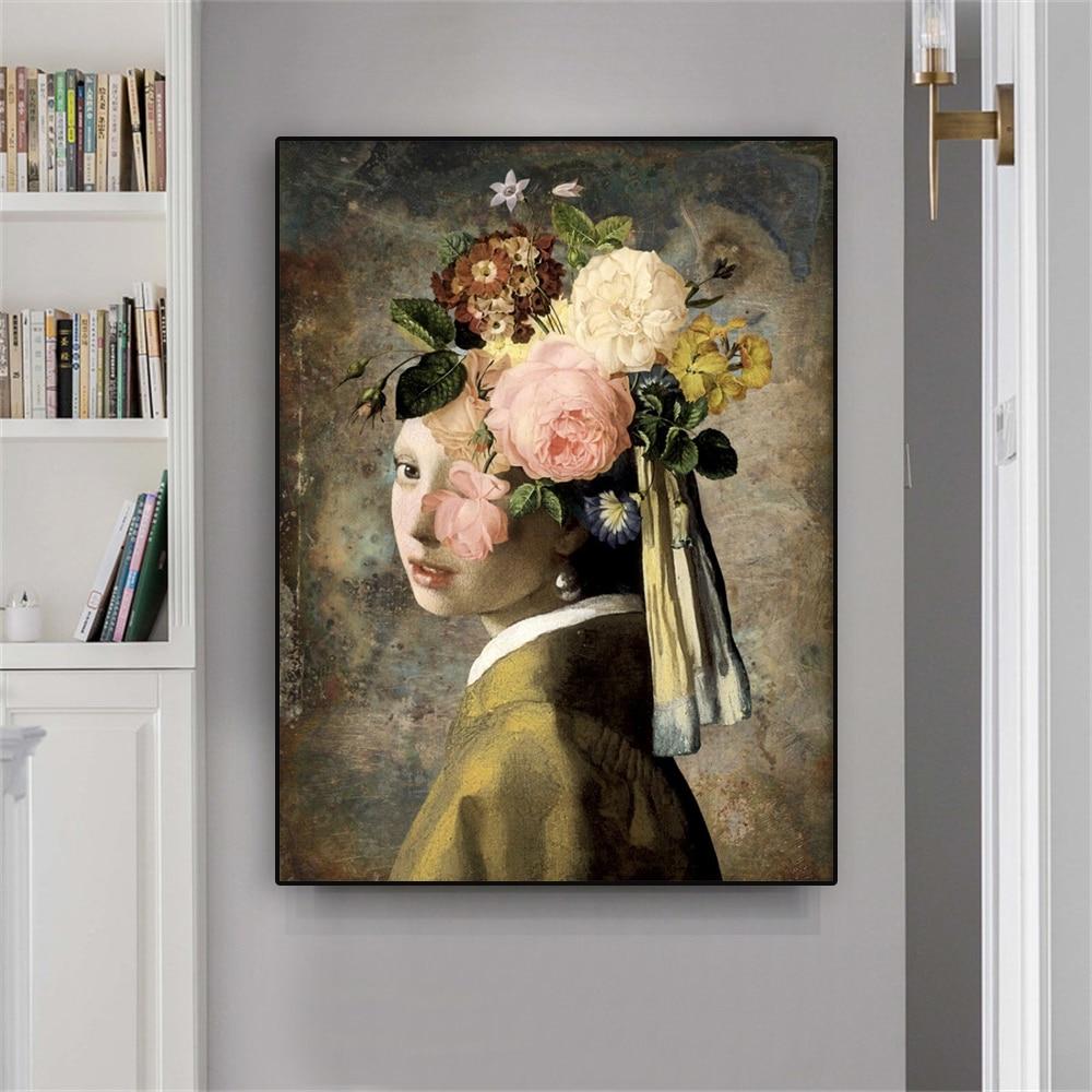 Vintage Poster Het Meisje Met De Parel Prints Flower Head Canvas Painting Hoom Bedroom Decoration Girls Room Wall Art Gift