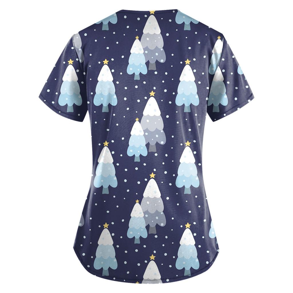 Damenmode Weihnachten Bedruckte Kurzarm V-Ausschnitt Muster Tops Tasche Arbeits T-Shirts