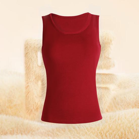 Women Thermal Vest Round Neck Sleeveless Thick Fleece Lining Bottom Vest Solid Color High-Elastic Fit Thermal Tops