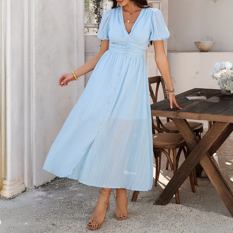 

2025 Spring Summer Amazon Western Style Leisure Commuter Holiday Style V-neck High Waist Short sleeve Split Dress Women Sky Blue XL