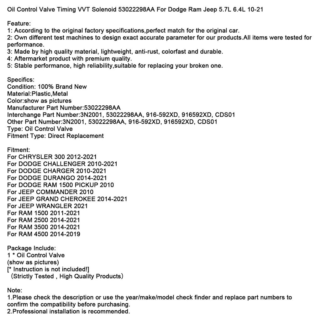 Oil Control Valve Timing VVT Solenoid 53022298AA For Dodge Ram Jeep 10-21