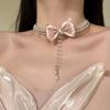 Zinc Zinc Alloy Pearls Rhinestone Choker Tassel Shiny Neck Jewelry Neck Pendant Bow Beads Necklace  for Gift