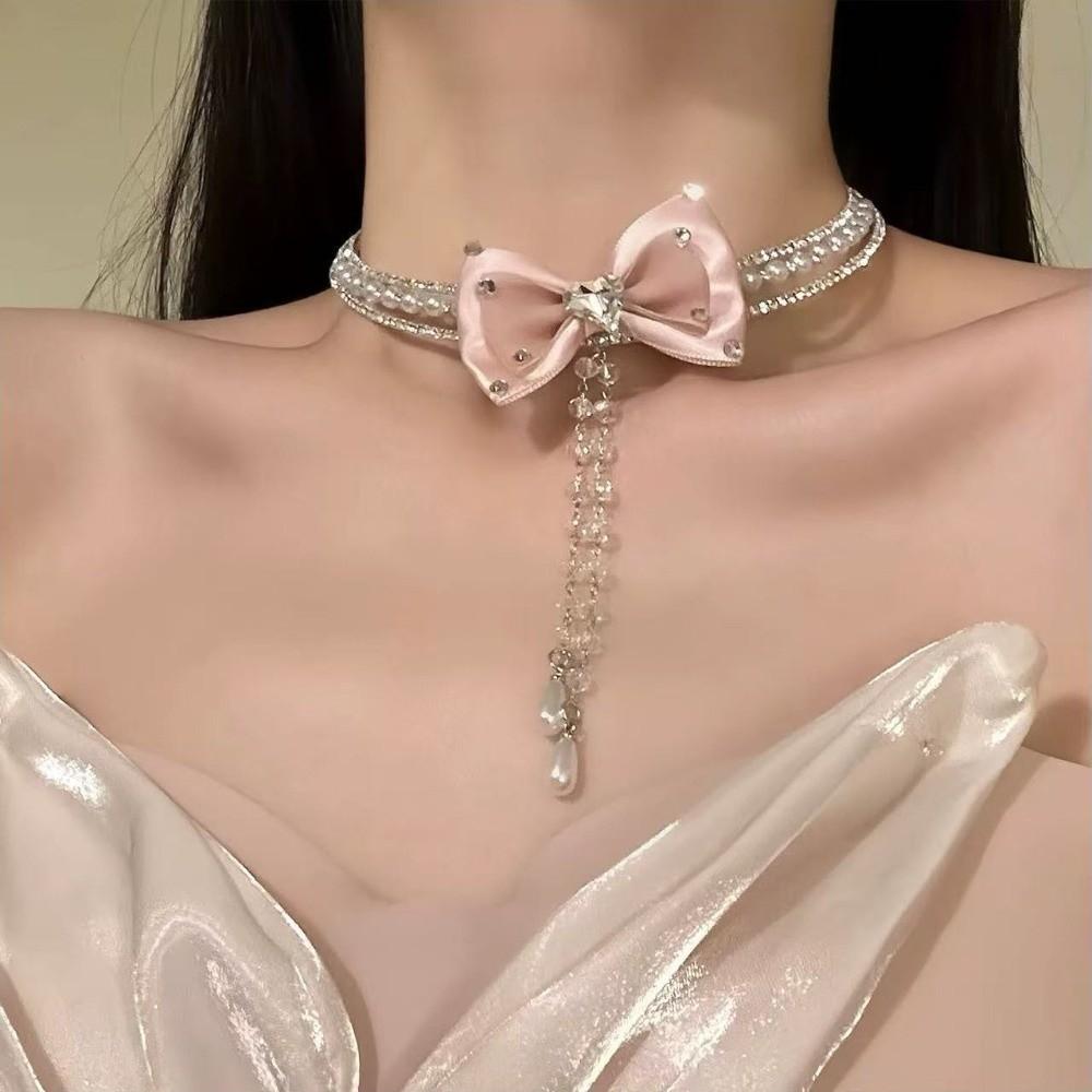Zinc Zinc Alloy Pearls Rhinestone Choker Tassel Shiny Neck Jewelry Neck Pendant Bow Beads Necklace for Gift