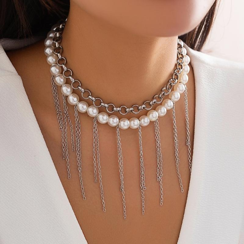 Double Layer Collar Necklace Elegant Imitation Pearls Choker Vintage Tassels Necklace Clavicle Chain Fashion Jewelry