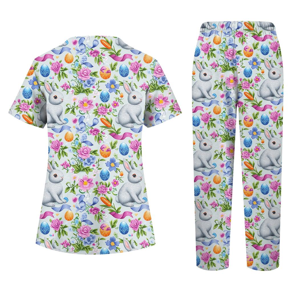 Women's Printed Uniform Work Uniform V-Neck Pocket Protective Work Uniform