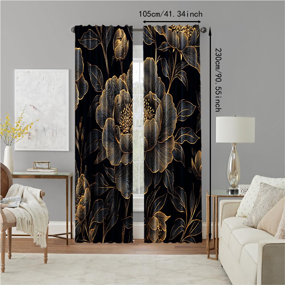 Set Of 2 Versatile Polyester Transparent Curtains Home Decoration Black Golden Floral Use Bedrooms Living Rooms Curtain Ideal For Room
