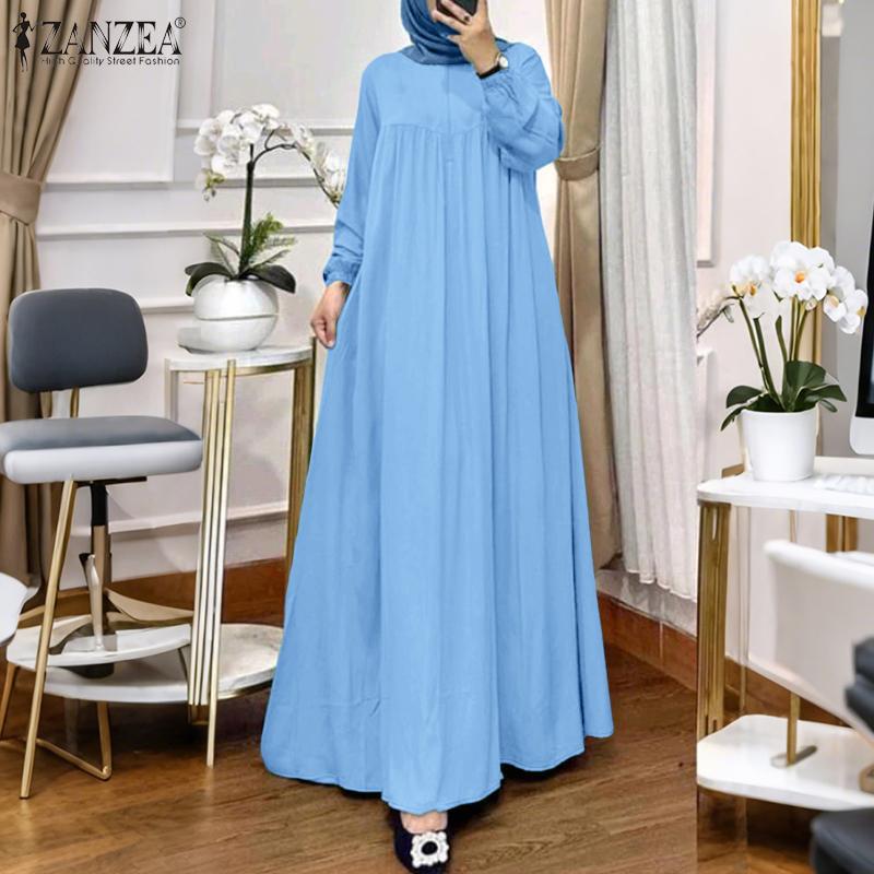 

ZANZEA Women Casual Round Neck Solid Color Long Sleeve Retro Dress S хакі