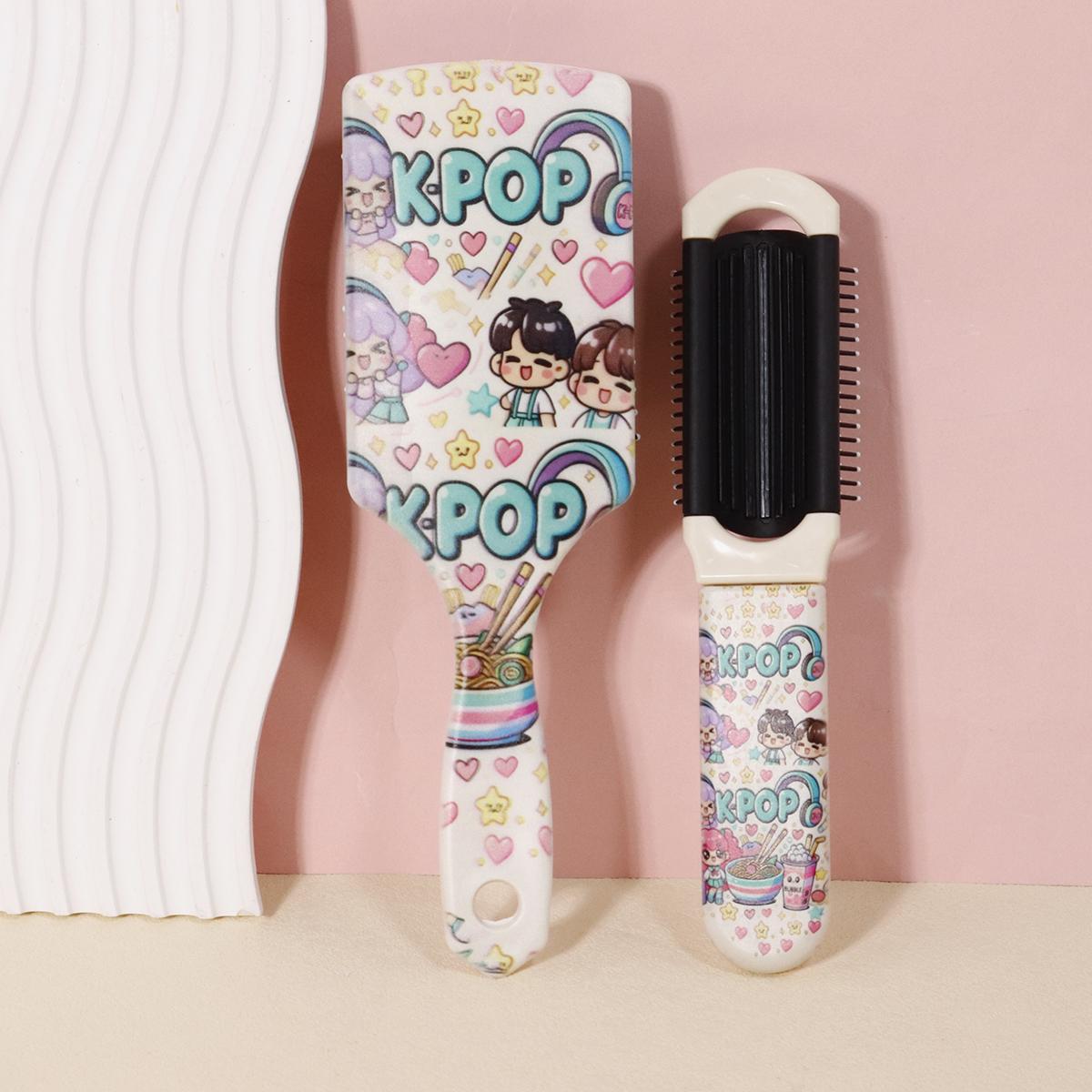 

2pcs KPOP Cartoon Hair Brush Set | Cushion Massage Brush, Mini Foldable Comb Mirror | KPOP Fan Gift, Special for real hair wigs