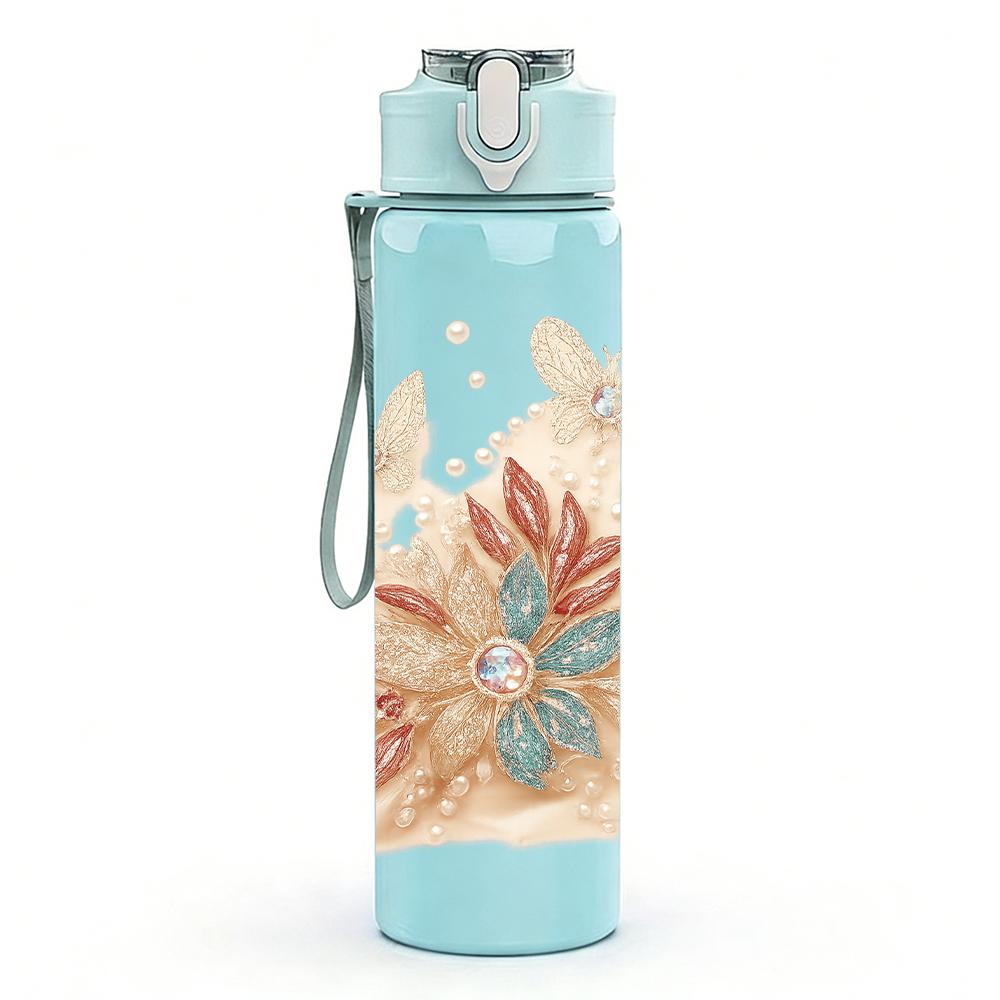 1PC Soft Dried Floral Bouquet 750ml Color Plastic Sports Water Bottle Leakproof Flip Straw Lid For Sports Office Home Use