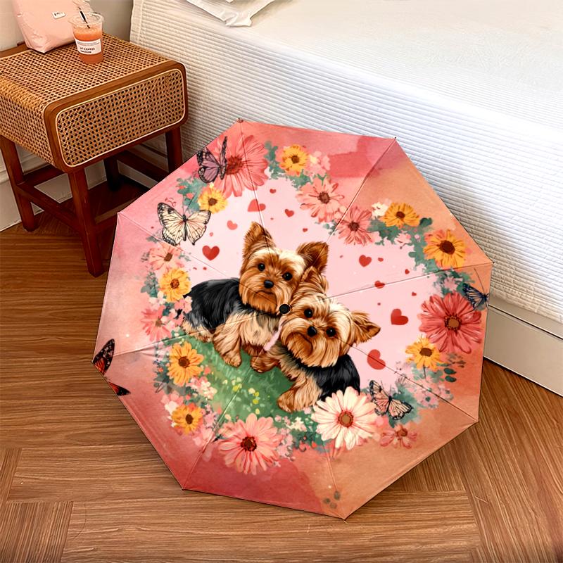 Yorkshire Terrier and Heart pattern, automatic folding umbrella, portable and foldable design, 8 ribs, a Christmas or birthday gift.