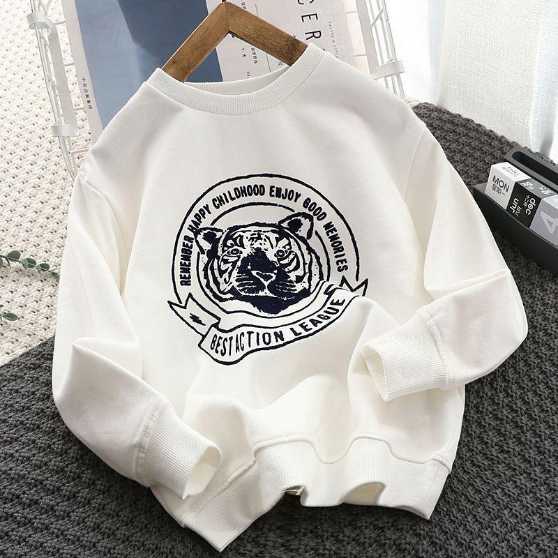 

Футболка с капюшоном из чистого хлопка с рисунком для мальчика на весну и осень, новый стиль, свободный и универсальный повседневный топ для детей, среднего и большого размера 140 белый