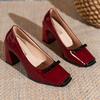 Mode 2025 Neue Mode Frühling Herbst Kleid Schuhe Klobiger Blockabsatz Quadratische Zehenpartie PU Leder Rot Mode Schleife Party Büro Damen Pumps