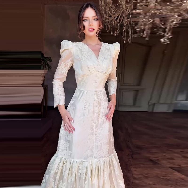 2024 Autumn European & American Women's Solid Color French Puff Sleeve Slimming Dress