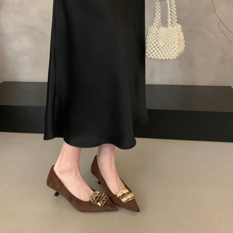 Large size elegant pointed kitten heel metal buckle high heels women's new thin heel suede commuter wear single shoes