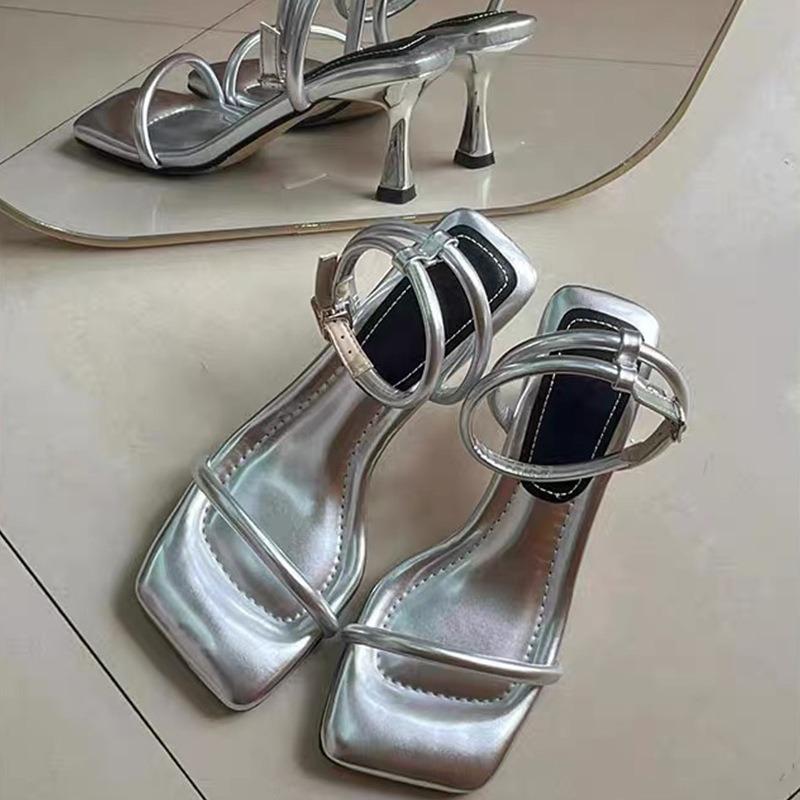 

Silver high heels women s stiletto summer with skirt one-word belt beautiful high heels sandals women 41