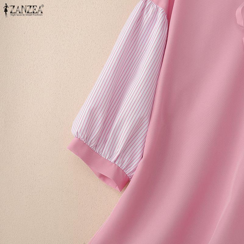 ZANZEA Women Casual Round Neck Stripe Splice Half Sleeve Loose Blouse