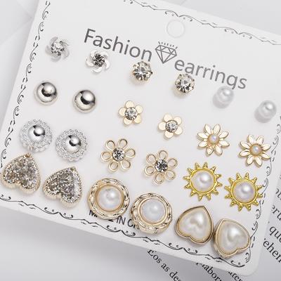 12 Pairs/Lot Heart Flower Earrings Set For Women Rhinestone Simulated Pearl Sun Star Stud Earrings Girls Party Jewelry Wholesale