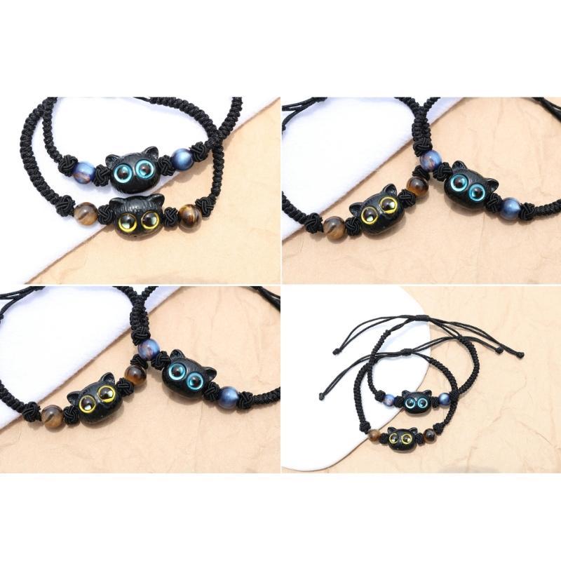 Adjustable Cord Bracelets Friendship Jewelry Handmade Braided Rope Handchain Unique Cat Head Pendant Wristband Bracelets