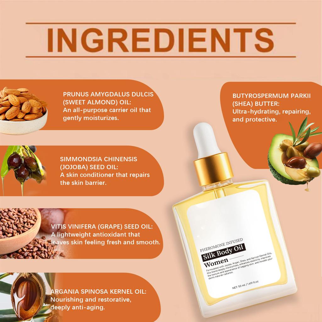 Silk Body Oil for Women 50ML, Moisturizing & Nourishing Perfume Body Oil, Silky Smooth, Long-Lasting Fragrance, Unisex Packaging