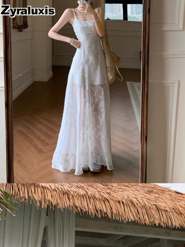 Summer New French Fresh Sweet Strappy Dress for Women Beach Vacation Outfit High Waist Midi Skirt