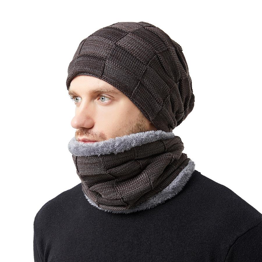 Autumn and Winter Men's Hats Two-color Square Plus Velvet Knitted Hats and Scarves Two-piece Set Couple Style Pile Hats