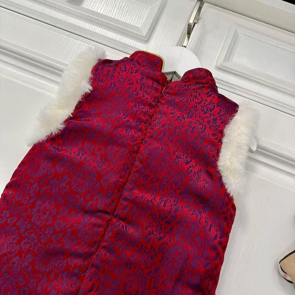 Chinese New Year Girls' Quilted Tang Suit Vest & Cheongsam Dress Set for Siblings
