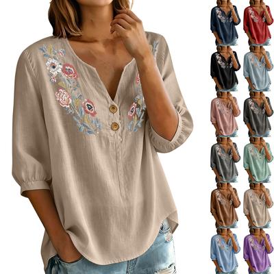 Damen Florale Stickerei Henley Knopfleiste Dreiviertelärmel Leinen Baumwolle Bluse Lässig Lockerer Schnitt Hemd