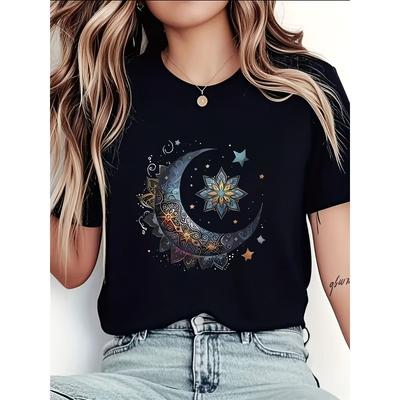 Gray Crew Neck Moon Print Short-Sleeved T-Shirt, A Must-Have for Casual Fashion, Suitable for Spring, Summer and Autumn, Slightly Loose,