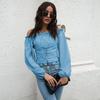 Off Shoulder Hot Style Front Straps Women Blouse Long Sleeve Slim Waist Pleated Short Top Elegant Casual Shirt New Solid Color Ruffled Clothng
