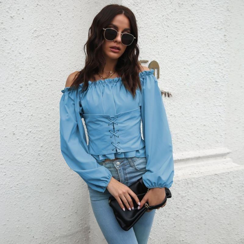 Off Shoulder Hot Style Front Straps Women Blouse Long Sleeve Slim Waist Pleated Short Top Elegant Casual Shirt New Solid Color Ruffled Clothng