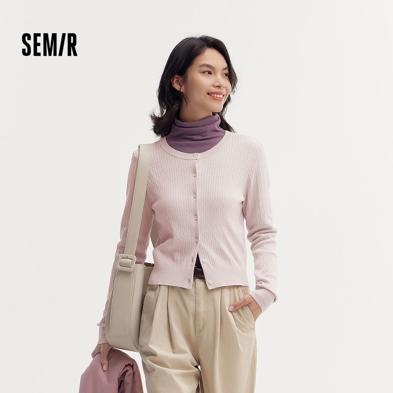 

Senma Knitting Cardigan Women s Short Twisted Slim Fit Inner Wear Bottoming Casual Autumn Simplicity round Neck Clothes Sweet Style Red-white tone 00316 155/80A/S