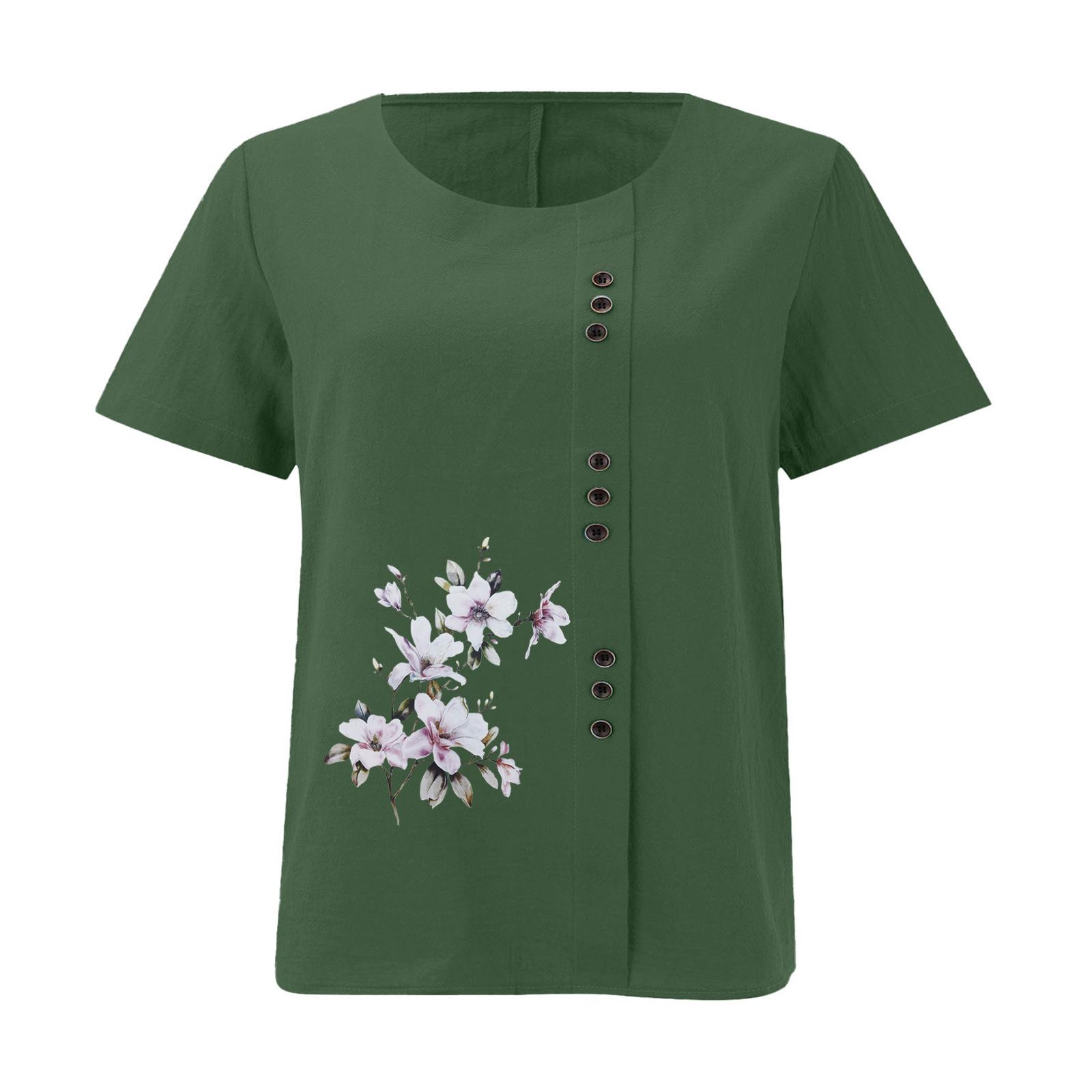 Women s Cotton Linen Short Sleeve T-Shirt, Summer Autumn Retro Loose Casual Tops, Plus Size Cotton Linen Blouse 4XL армия зеленый