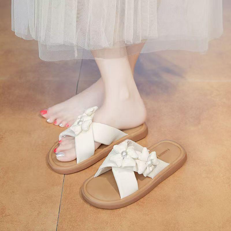 Damen Flache Sohle Blume Outdoor Strand Hausschuhe Offene Zehe Sommer Neu Weiche Sohle Rutschfest Leicht Hausschuhe Sandalen