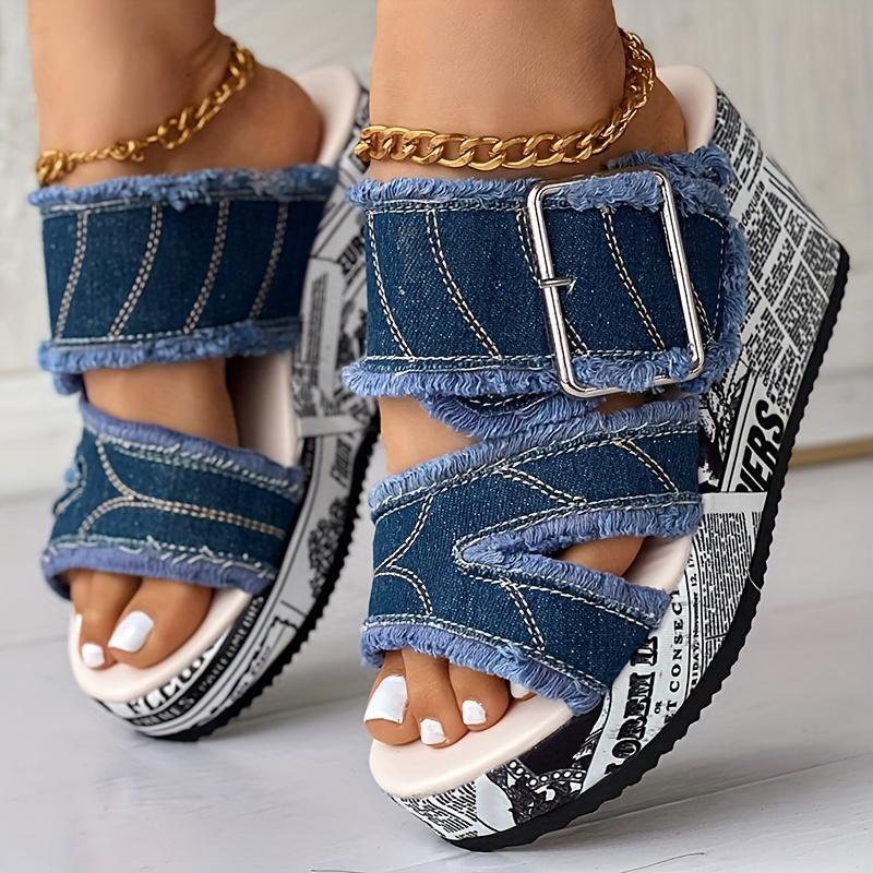 Sandale de damă cu imprimeu de litere și pânză denim, pantofi cu toc pană cu cataramă slip-on, pantofi de damă de modă și de vară