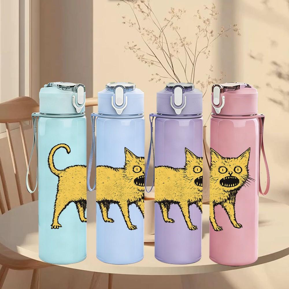 1PC Cute Yellow Cat Kitten Animal Print 750ml Color Plastic Sports Water Bottle Leakproof Flip Straw Lid Suitable for Sports Office Home Use