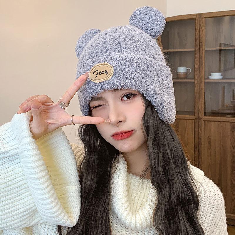 Cartoon bear plush thread warm hat women winter pullover ear protector knitted hat trendy face small cycling hat
