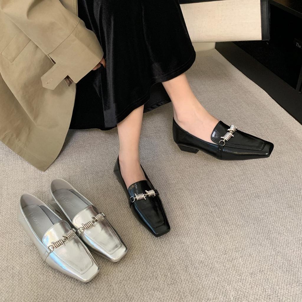 Easy To Wear and Not Tired of Feet, Gold Square Head Soft-soled Single Shoes for Women's 2025 Spring and Autumn Versatile Retro Silver Flat-sole