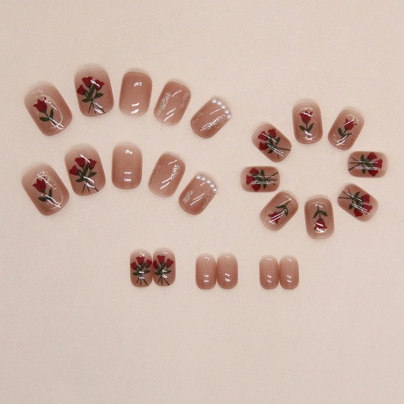 Short pearl rose retro style nail art piece sweet sister ins fake nail finished wear nail finished nails