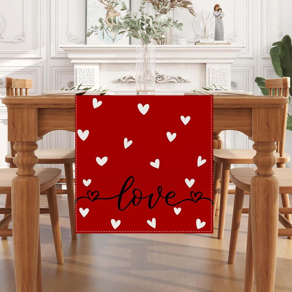 Linen Red Heart Love Valentines Day Table Runner 72 Inches Long Valentine's Day Decor Galentines Day Valentines Day Home Kitchen Dining Room Table