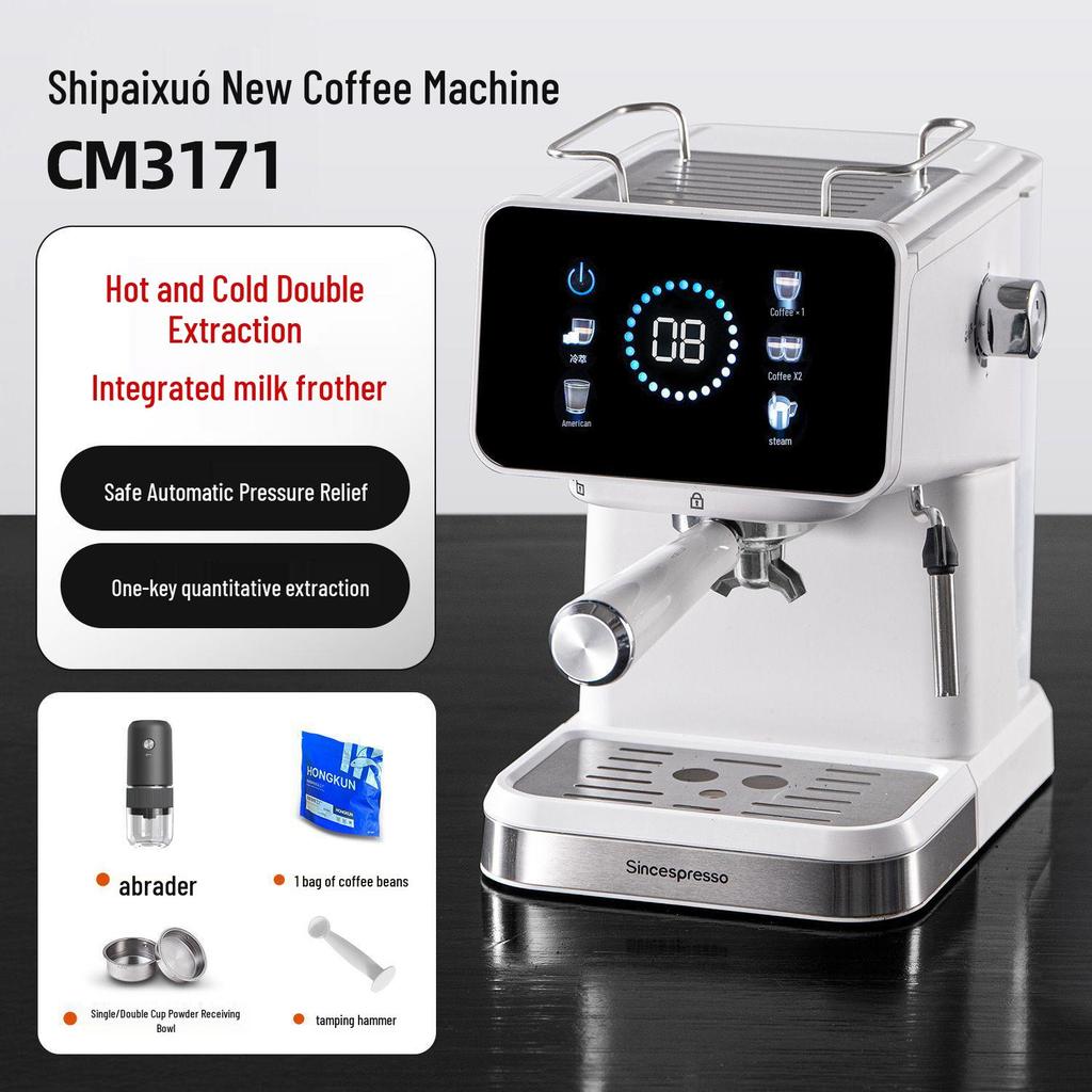 20-Bar Italian Espresso Coffee Machine: Semi-Automatic, Dual Extraction, Hot & Cold, with Built-In Grinder for Home Use