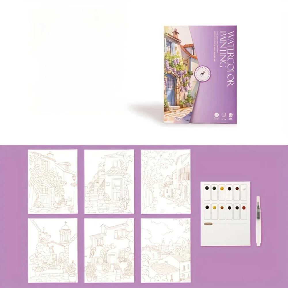 A Set of Creative Watercolor Painting Tools - Adult Coloring Book with Landscape and Floral Patterns