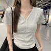 A New Korean-style Straight-shoulder V-neck Short-sleeved T-shirt for Women's Summer, A Simple Solid-color Versatile Top